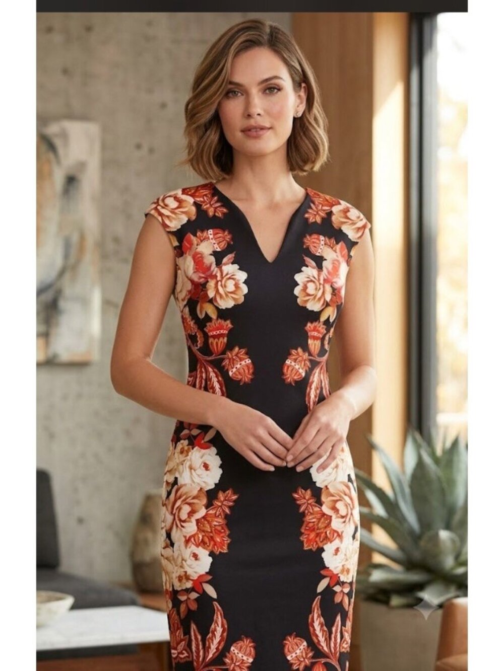 New York & Company Black Floral Midi Dress Size S